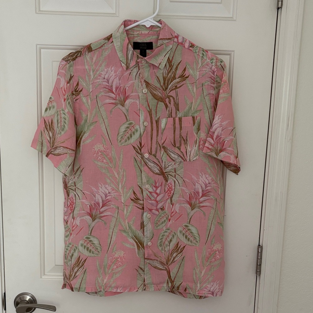 Men’s Pink Tropical Floral Linen Short Sleeve Button Down Shirt Size Small